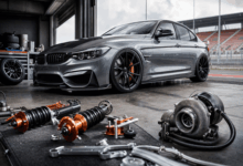 Modified performance car with coilovers and turbo components for a MaXpeedingRods review