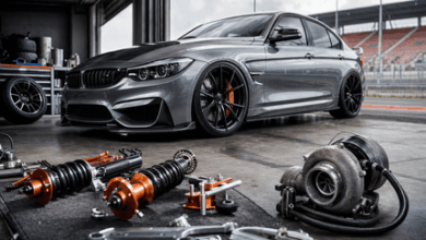Modified performance car with coilovers and turbo components for a MaXpeedingRods review